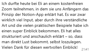 Kundenstimme zum Webinar - Notion für Kreative & Anfänger